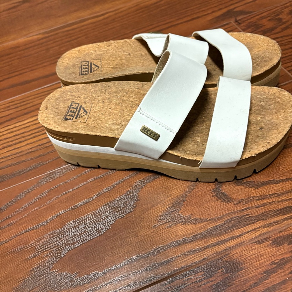 Reef White and Tan Sandals with Slip-On Design and Contoured Footbed